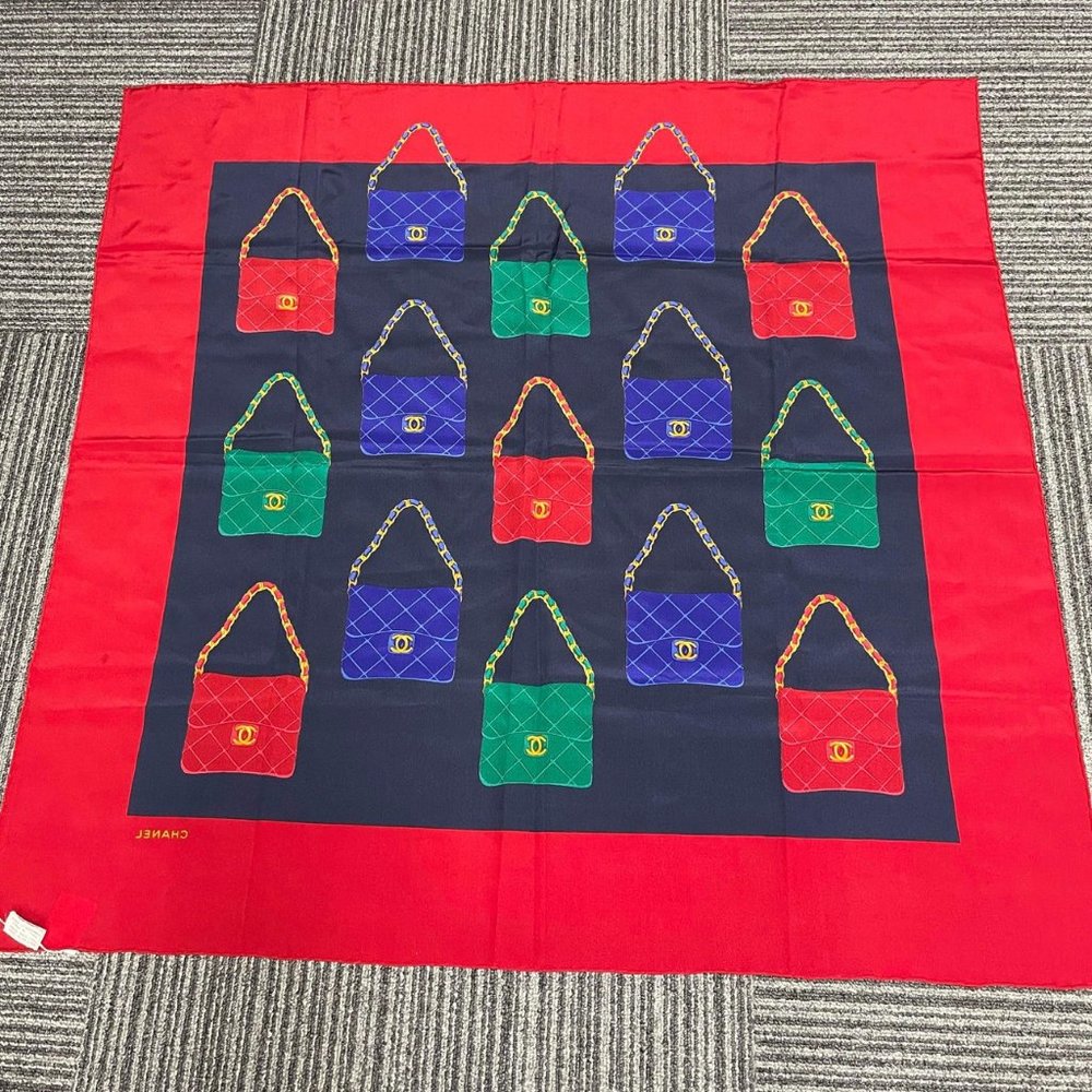 Chanel Blue & Red Silk Bag Print Scarf - Picture 6 of 9